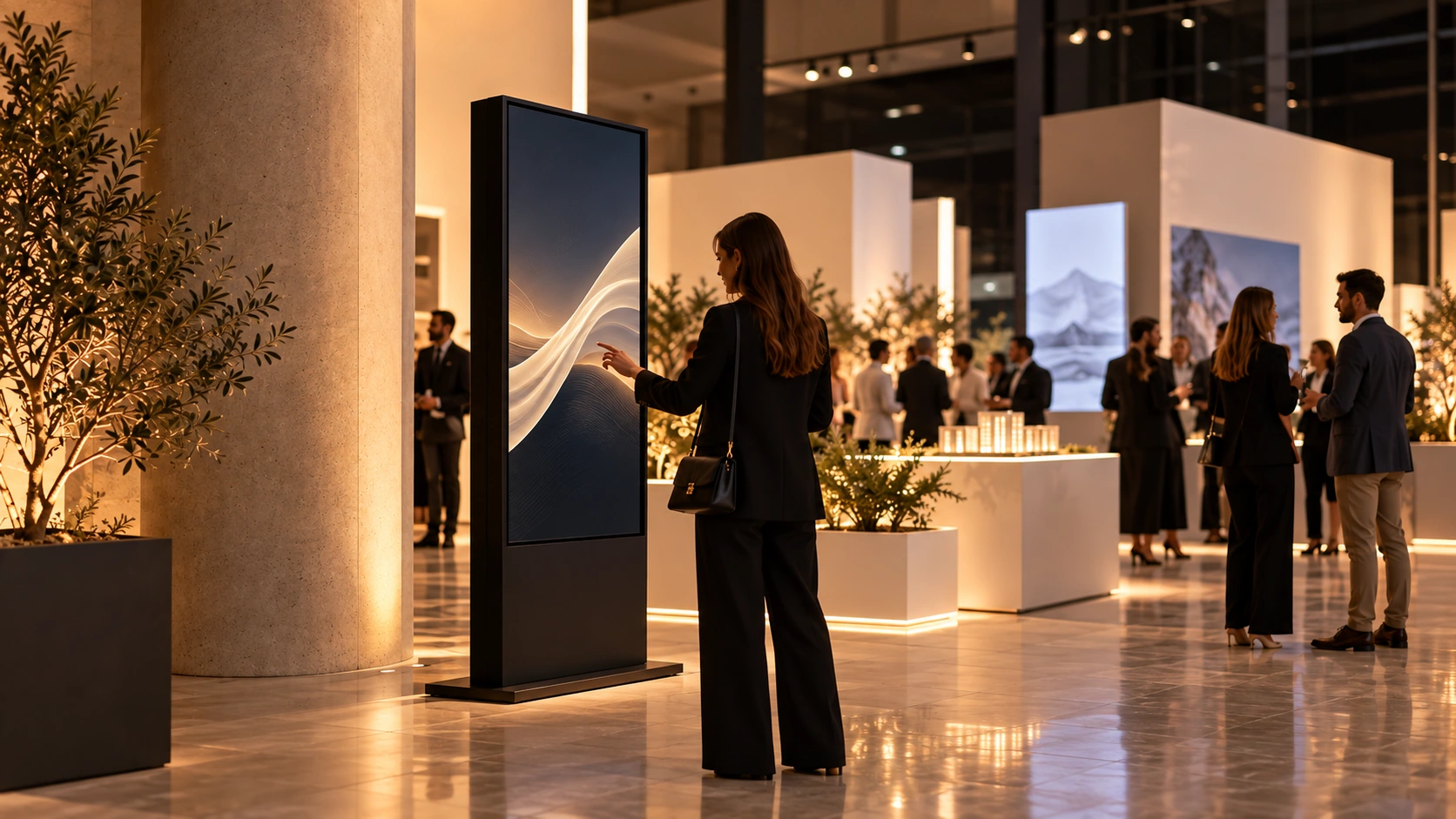 Stand de exposición con mobiliario, diseño y tótem de catálogo