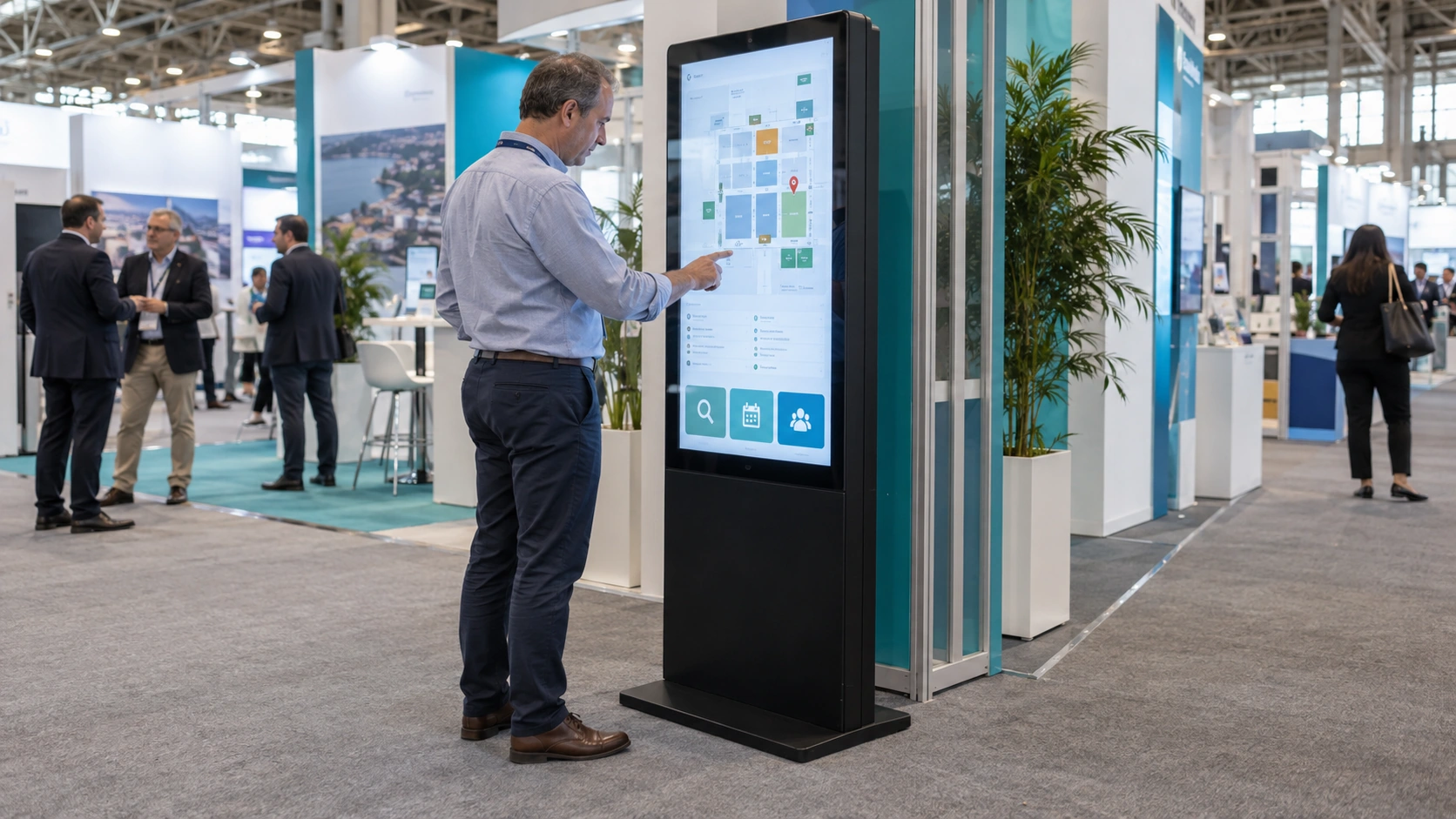 Feria con stands, visitantes y directorio digital