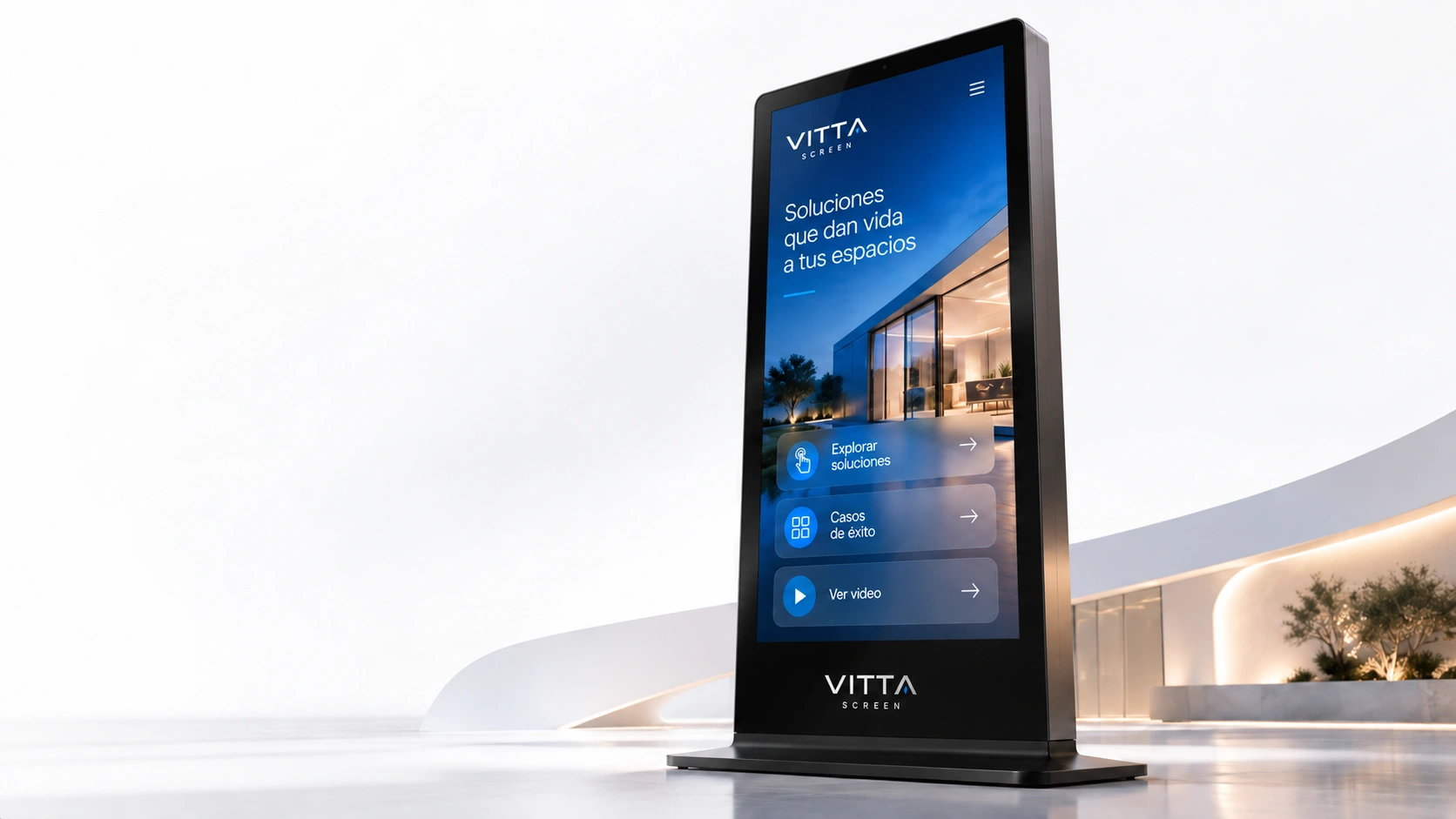 Tótem digital VITTA SCREEN con pantalla interactiva en un vestíbulo contemporáneo